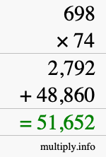 How to calculate 698 times 74 using long multiplication