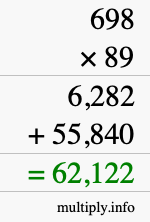How to calculate 698 times 89 using long multiplication