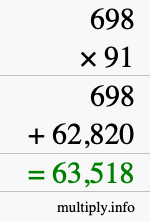How to calculate 698 times 91 using long multiplication