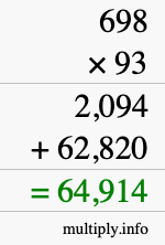 How to calculate 698 times 93 using long multiplication