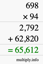 How to calculate 698 times 94 using long multiplication