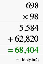 How to calculate 698 times 98 using long multiplication