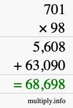 How to calculate 701 times 98 using long multiplication