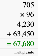 How to calculate 705 times 96 using long multiplication