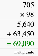 How to calculate 705 times 98 using long multiplication