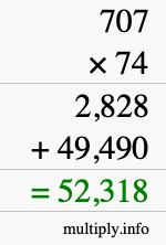 How to calculate 707 times 74 using long multiplication
