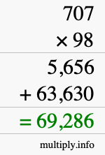 How to calculate 707 times 98 using long multiplication