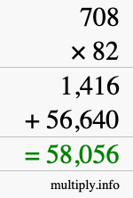 How to calculate 708 times 82 using long multiplication