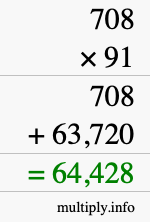How to calculate 708 times 91 using long multiplication