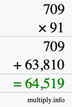 How to calculate 709 times 91 using long multiplication