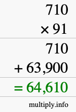 How to calculate 710 times 91 using long multiplication