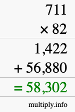 How to calculate 711 times 82 using long multiplication