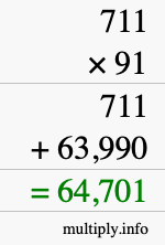How to calculate 711 times 91 using long multiplication