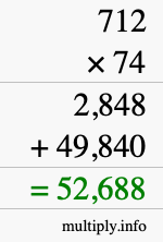 How to calculate 712 times 74 using long multiplication