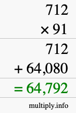 How to calculate 712 times 91 using long multiplication