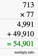 How to calculate 713 times 77 using long multiplication