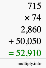 How to calculate 715 times 74 using long multiplication