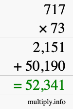 How to calculate 717 times 73 using long multiplication