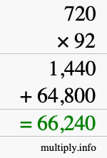 How to calculate 720 times 92 using long multiplication