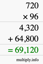 How to calculate 720 times 96 using long multiplication
