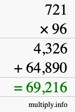 How to calculate 721 times 96 using long multiplication