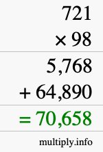 How to calculate 721 times 98 using long multiplication