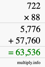 How to calculate 722 times 88 using long multiplication