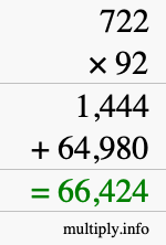 How to calculate 722 times 92 using long multiplication
