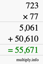How to calculate 723 times 77 using long multiplication
