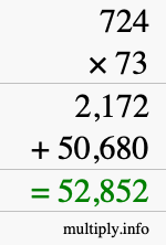 How to calculate 724 times 73 using long multiplication