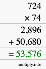 How to calculate 724 times 74 using long multiplication