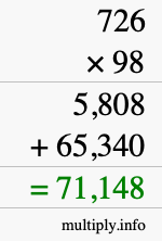 How to calculate 726 times 98 using long multiplication