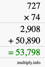 How to calculate 727 times 74 using long multiplication