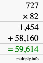 How to calculate 727 times 82 using long multiplication