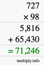 How to calculate 727 times 98 using long multiplication