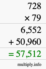 How to calculate 728 times 79 using long multiplication