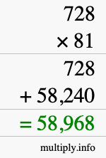 How to calculate 728 times 81 using long multiplication