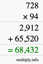 How to calculate 728 times 94 using long multiplication