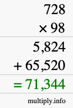 How to calculate 728 times 98 using long multiplication