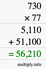 How to calculate 730 times 77 using long multiplication