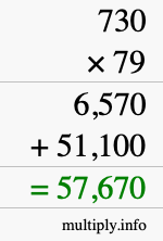 How to calculate 730 times 79 using long multiplication