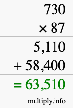 How to calculate 730 times 87 using long multiplication