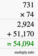 How to calculate 731 times 74 using long multiplication