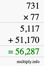 How to calculate 731 times 77 using long multiplication