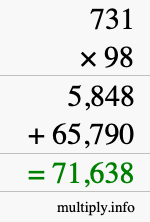 How to calculate 731 times 98 using long multiplication
