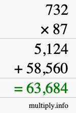 How to calculate 732 times 87 using long multiplication
