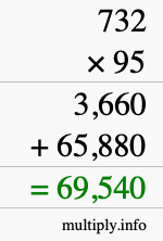 How to calculate 732 times 95 using long multiplication