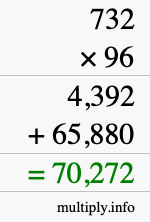 How to calculate 732 times 96 using long multiplication