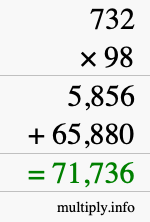 How to calculate 732 times 98 using long multiplication