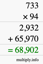 How to calculate 733 times 94 using long multiplication